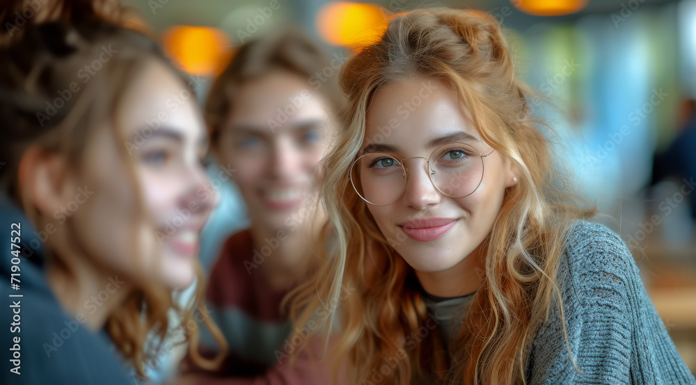 Group of friends sharing a joyful moment in a busy library, AI generated