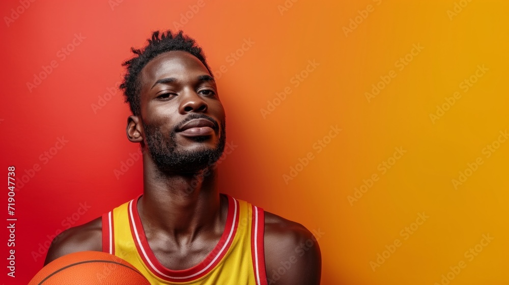 minimalist vivid advertisment background with handsome basketball player and copy space