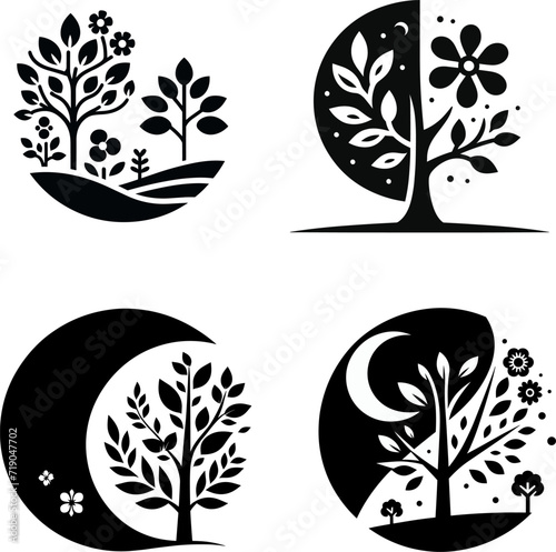 collection of vector flower and tree flat designs, civil and modern
