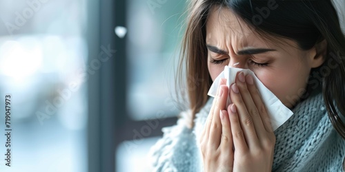 Flu. A sick woman is blowing her nose into a tissue