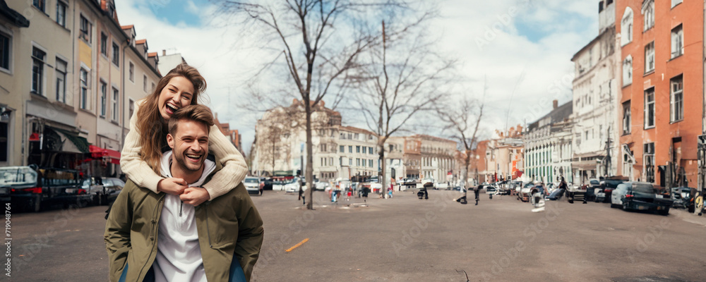 Fototapeta premium A Happy Couple Outdoors, Fictional Character Created By Generative AI.