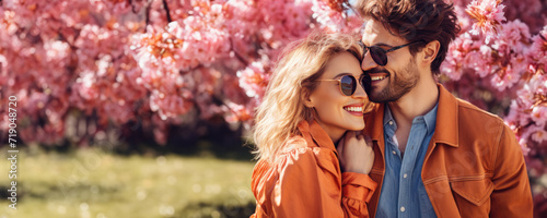A happy couple smiling and embracing under a cherry blossom tree, Fictional Character Created By Generative AI. 