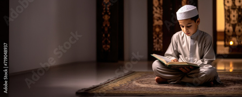 A Young Muslim Boy Reading the Quran, Fictional Character Created By Generative AI.  photo