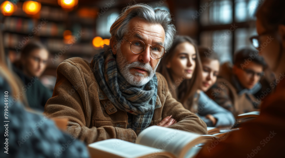 An elderly, bearded man reading a book in a cozy library environment,AI generated