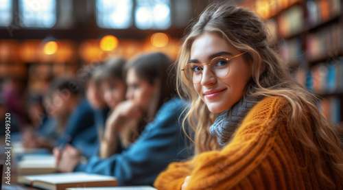 A young woman with glasses smiling in a library setting, surrounded by books, AI generated