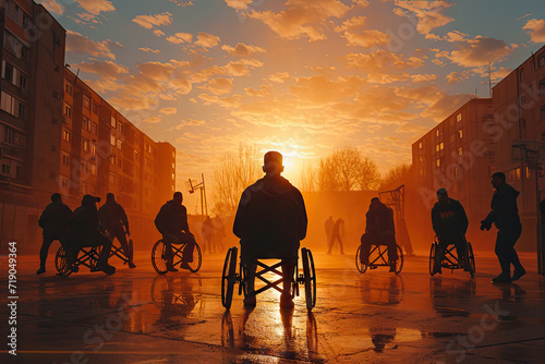 Equipo de baloncesto paralímpico de discapacitados en silla de ruedas, al atardecer silueta, cancha de baloncesto