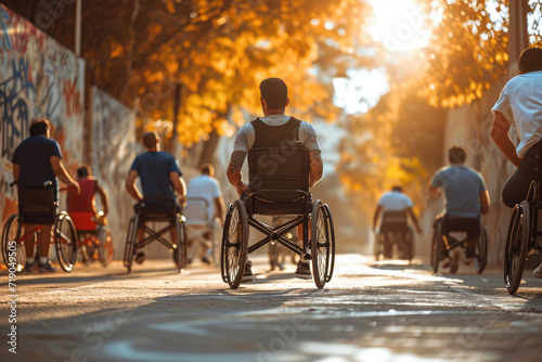 Equipo de baloncesto paralímpico de discapacitados en silla de ruedas, al atardecer silueta, cancha de baloncesto