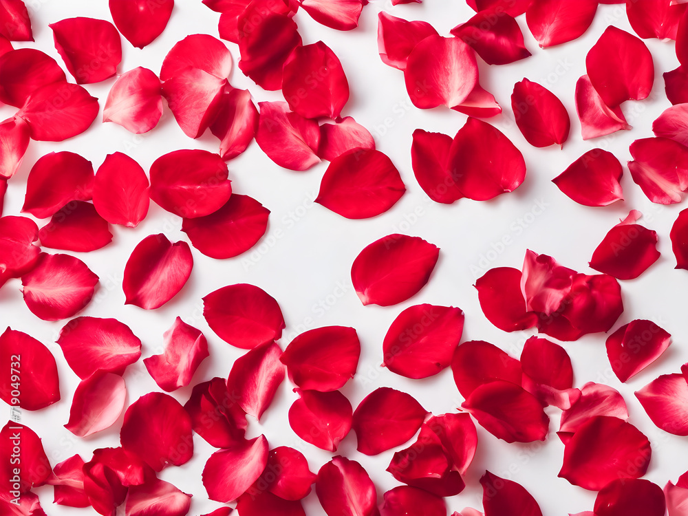 Red rose petals on white background. Flat lay, top view Red rose petals on white background. Flat lay, top view