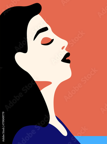 Profile of beautiful young woman on peach background in minimalist style vector