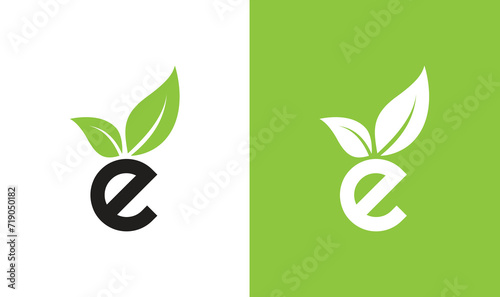E letter with leaf business modern company logo, letter e logo icon, eco friendly