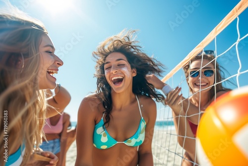 A group of friends applying sunscreen before playing beach volleyball, vibrant beach scene, net and volleyball in the foreground, friends laughing and interacting, bright and lively summer atmosphere photo