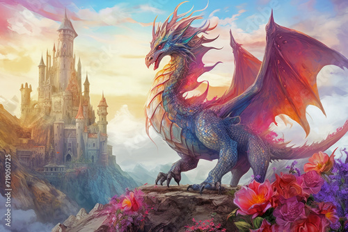 Noble Dragon with a floral background. Magic Kingdom colorful landscape. Fantasy backdrop design. © NadyaSaen 
