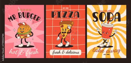 Cartoon fast food poster. Retro groovy cards with mascot food characters. Brochure design with quote text for cafe. Banner with funky groovy burger, french fries, soda, ice cream. Fast food delivery