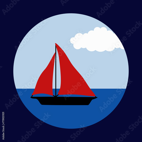 Sailboat sails in round square frame vector illustration in minimalistic style