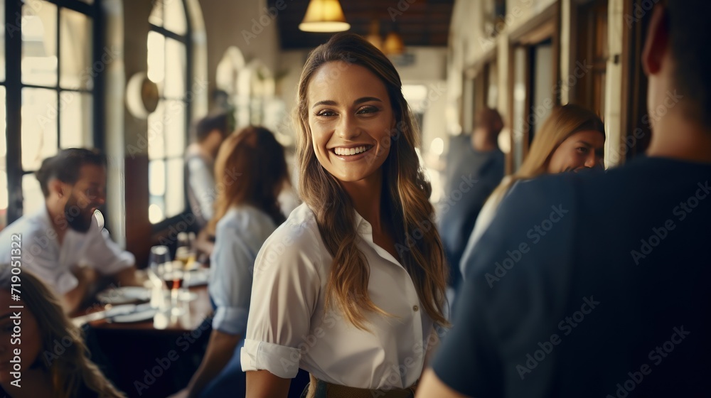 Happy waitress chatting with group of guests in bar