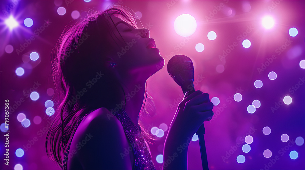 Female singer on the tv show singing on the stage in purple sparkling lights. Woman singing in nightclub, International Women day, Valentine day, Birthday party