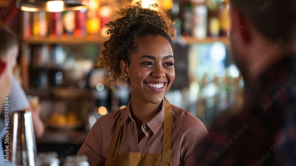 Happy waitress chatting with group of guests in bar Happy waitress chatting with group of guests in bar