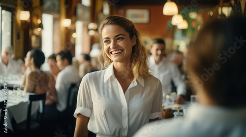 Happy waitress chatting with group of guests in bar