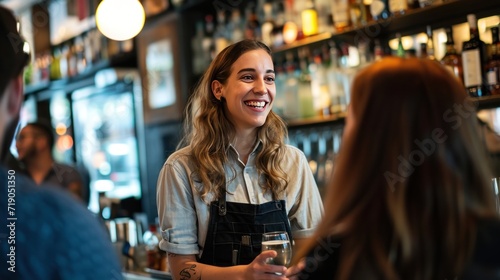 Happy waitress chatting with group of guests in bar