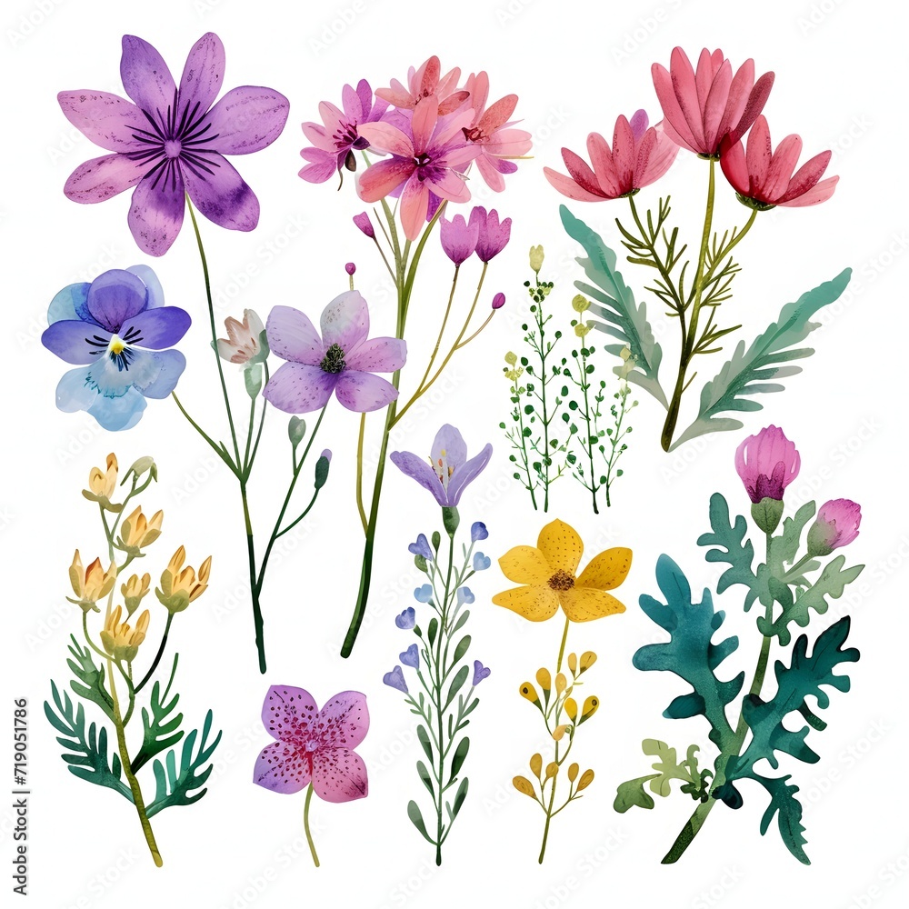 a collection of flowers and leaves