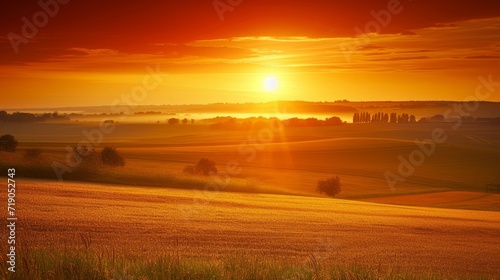 Golden Horizon: A Tranquil Sunrise Over Vast Farming Fields