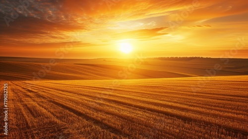Golden Horizon: A Tranquil Sunrise Over Vast Farming Fields