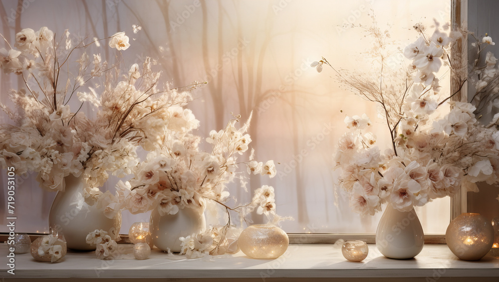 Elegant floral arrangements in soft sunlight, Delicate floral arrangements in white vases bathed in warm, soft sunlight, creating a serene and elegant ambiance