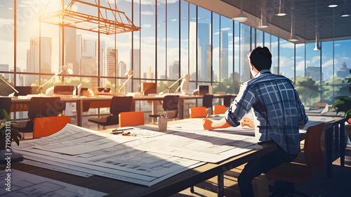 Concept architects, engineer holding pen pointing equipment architects On the desk with a blueprint in the office, Vintage, Sunset light. cartoon photo