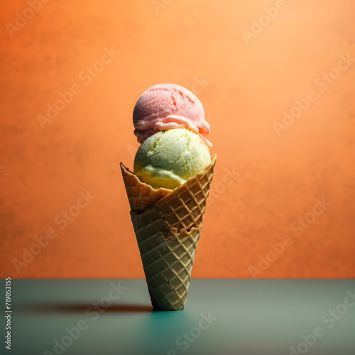 Strawberry and vanilla-flavoured ice cream in a cone scoop. Refreshing,  Summer ice cream. on an orange background square photo