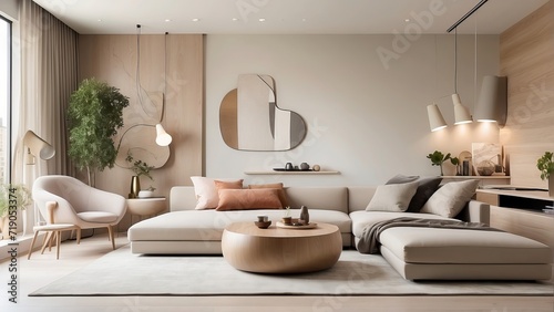Elegant Modern Living Room with Neutral Tones  Plush Furniture  Wooden Accents  and Indoor Plants Illuminated by Natural Light