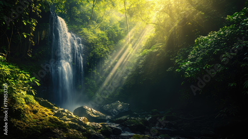 Hidden waterfall in a peaceful forest with bright sunlight
