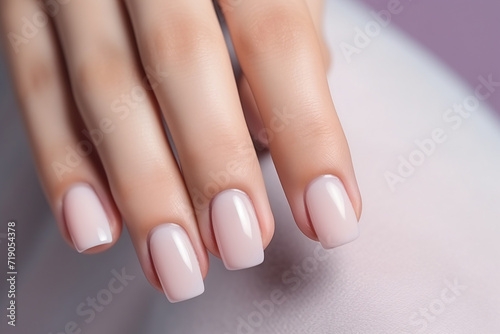 Woman hand with nude shades nail polish on her fingernails. Nude color nail manicure with gel polish at luxury beauty salon. Nail art and design. Female hand model. French manicure.
