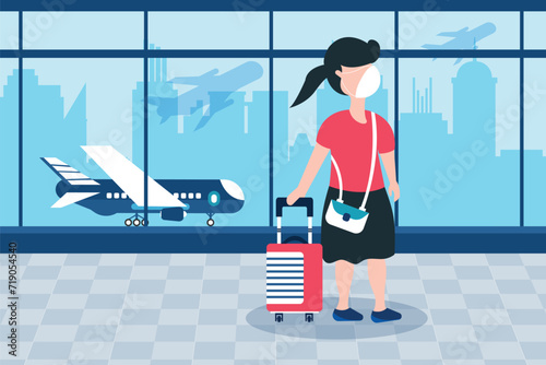 Business woman traveller wearing face mask with luggage walking at empty airport gate terminal lounge traveling during pandemic outbreak.