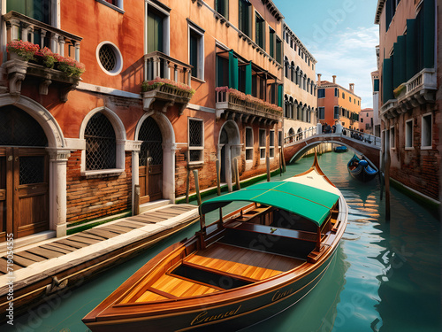 Venetian Elegance: Traditional Wooden Gondola Gliding Through the Historic Canals Amid Ancient Architecture. generative AI