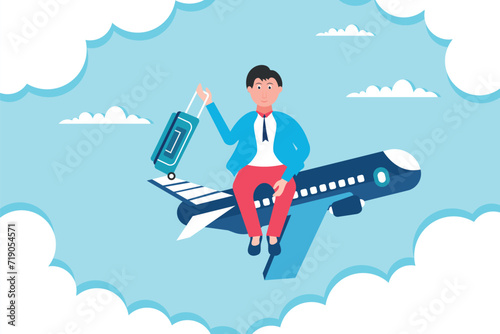 Businessman with suitcase sit on top of airplane