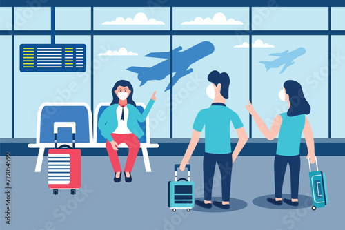 Passengers in airport wearing face mask, carrying luggage's. Social distancing and prevention during COVID-19 pandemic