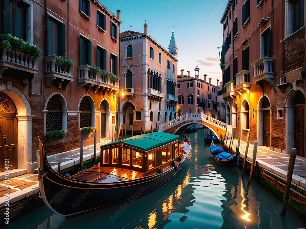 Venetian Elegance: Traditional Wooden Gondola Gliding Through the Historic Canals Amid Ancient Architecture. generative AI