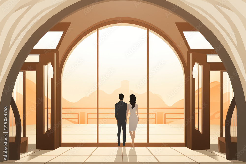 Romantic Office Celebration: A Happy Couple Exchanging Vows in a Modern Interior with Silhouette of Businesspeople in Background