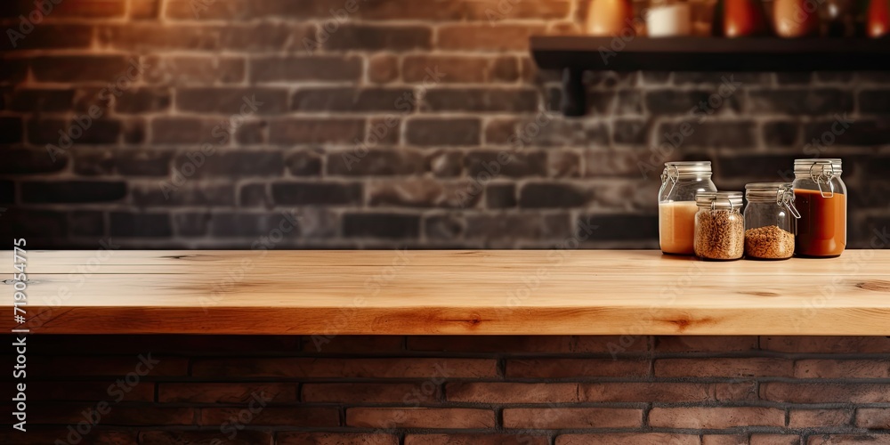 Product display on empty wooden table or counter in cafeteria, bar, or coffee shop. Product display on empty wooden table or counter in cafeteria, bar, or coffee shop.