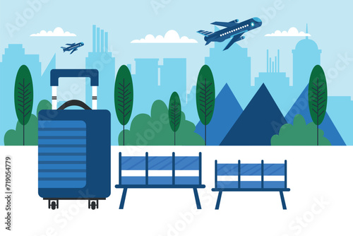 Blue suitcase with cityscape background. World travel vector concept