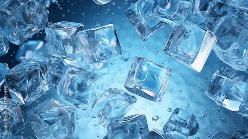 Blue ice cubes with water drops falling on the surface. AI generated