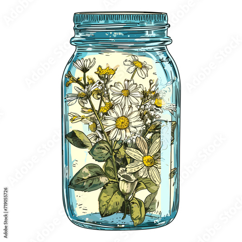 Watercolor vector illustration with flowers in jars
