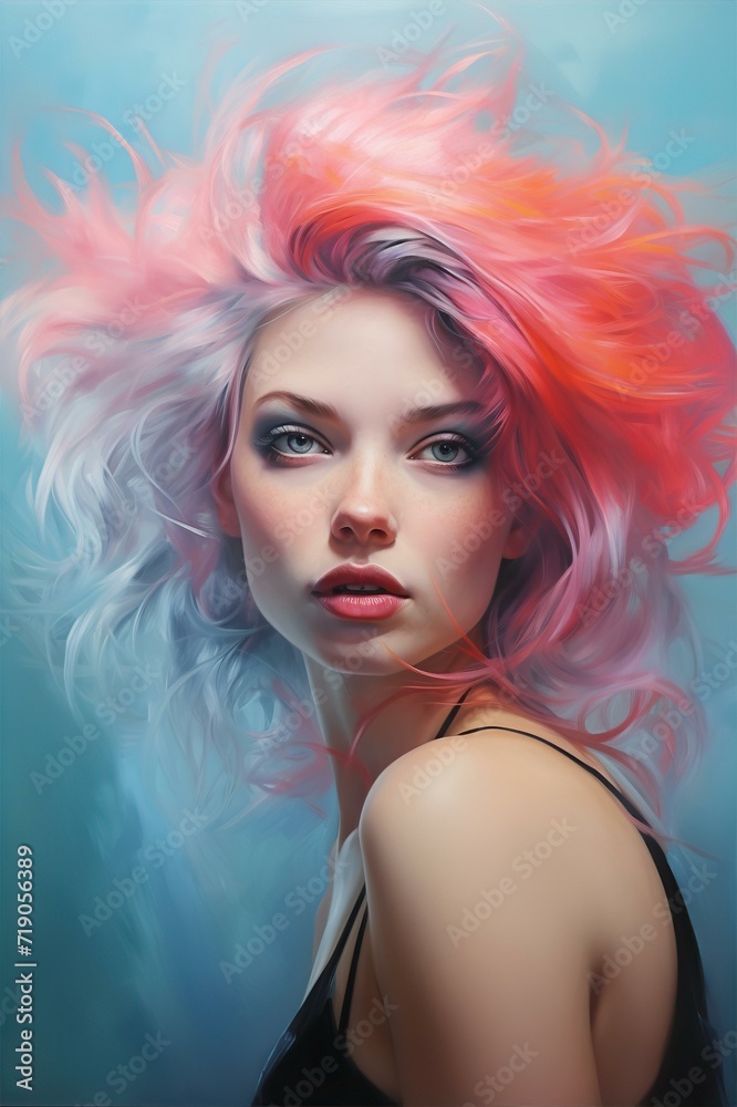 woman dyed hair style, woman face, photo realism