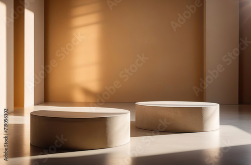 Round Podium for Cosmetic  Soap  Items Presentation. Abstract Minimal Geometric Pedestal. Cylinder Two Forms  Soft Shadow. Scene to Show Product  Object. Showcase  Display Case. Stand. Beige Backdrop