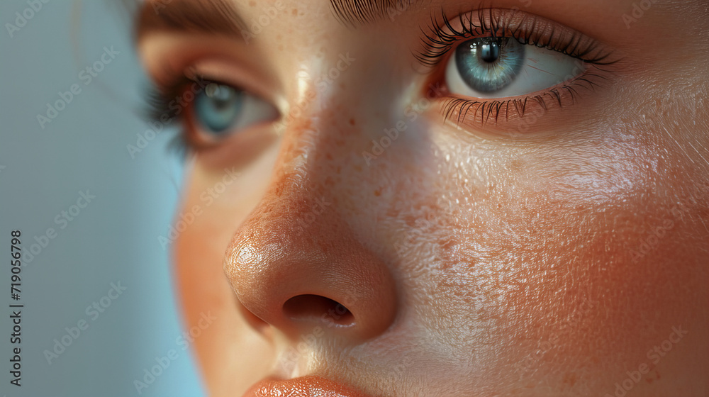 Intimate Gaze, close-up portrait captures the intense gaze and natural beauty of a young woman with sun-kissed freckles