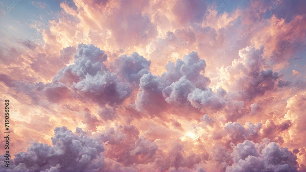 A matte, abstract portrayal of a spring sky with soft, rainbow-colored clouds, juxtaposed against a watercolor sunset in orange and purple hues