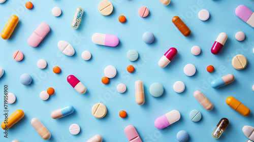 Assorted Medication Pills and Capsules on Blue Background