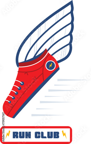 Red winged sneaker symbolizes speed, athleticism for running club logo. Fast paced runners ideal for sport team emblem with winged shoe design.