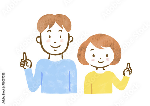 指差しポーズで説明する男女の上半身手描きイラスト