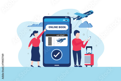 Travelers buying ticket on flight via mobile app. Modern technology helping people mobility. Flat illustration cartoon vector concept 